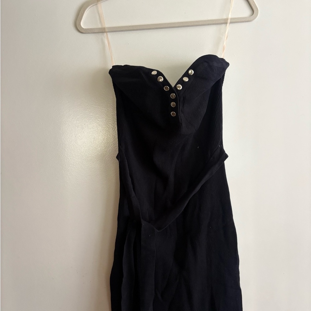 Black Strapless Ribbed Dress with Stud Detail